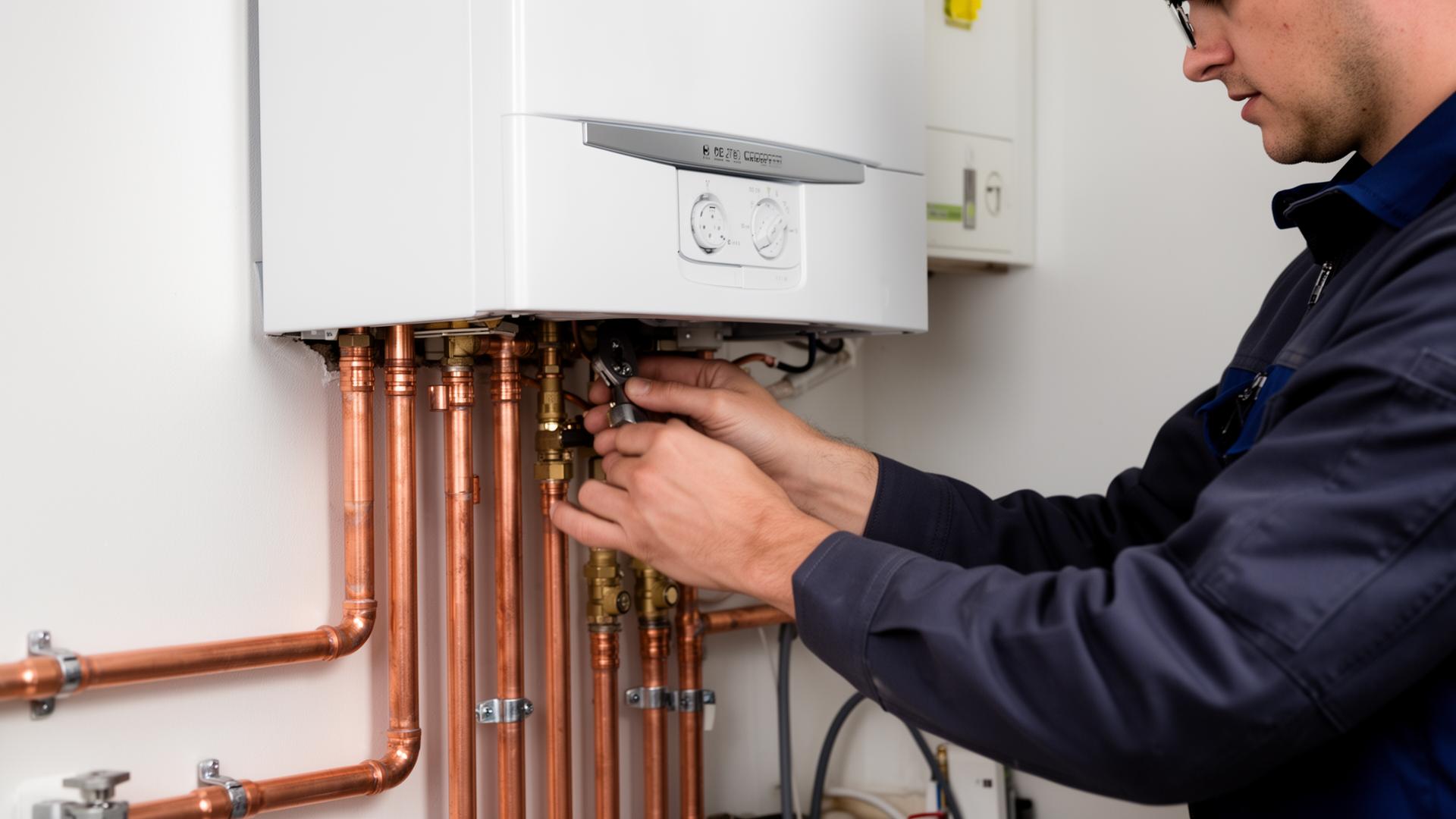 Goldflame engineer finishing a boiler installation in a Bedfordshire kitchen.